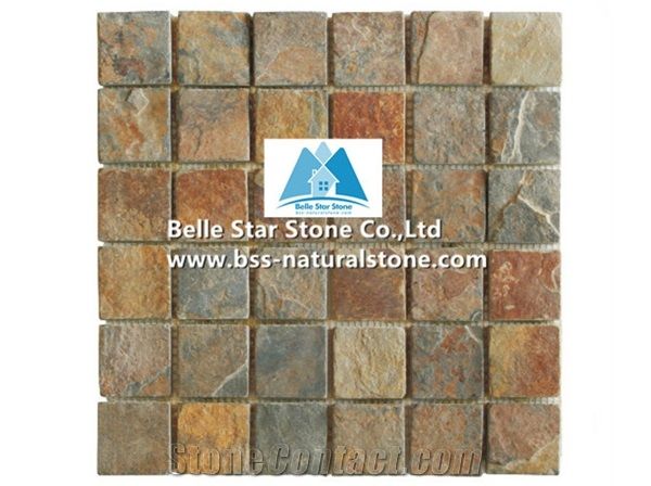 Chinese Multicolour Riven Slate Mosaic,Rusty Split Face Mosaic Wall Tiles,Copper Rust Slate Mosaic Floor Tiles,Sunset Slate Mosaic Pattern,Multicolor Split Face Slate Mosaic Tiles,Natural Stone Mosaic