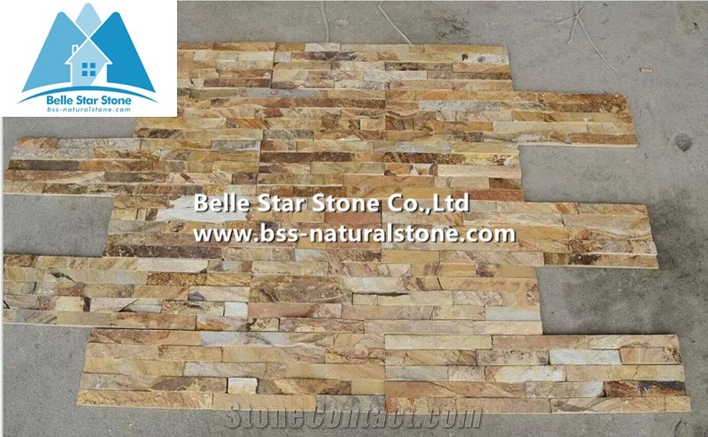 Golden Yellow Split Face Slate Culture Stone,Natural Stone Veneer,Yellow Z Clad Stacked Stone,Fireplace Stone Cladding,Outdoor Stone Wall Panel,Porches Ledger Panels
