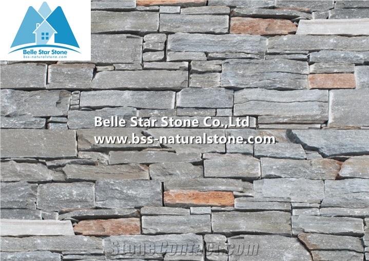 Grey with No Rust Slate Cemented Stacked Stone,Grey Split Face Slate Culture Stone,Slate Z Clad Stone Cladding,Slate Ledger Stone Wall Panels,Grey Stone Veneer Back with Cement,Natural Ledgestone