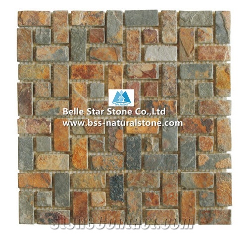 Multicolor Riven Slate Mosaic,Rusty Split Face Slate Wall Mosaic,Sunset Slate Floor Mosaic,Autumn Rose Slate Mosaic Pattern,Copper Rust Slate Mosaic Tiles,Natural Multicolour Slate Stone Mosaic