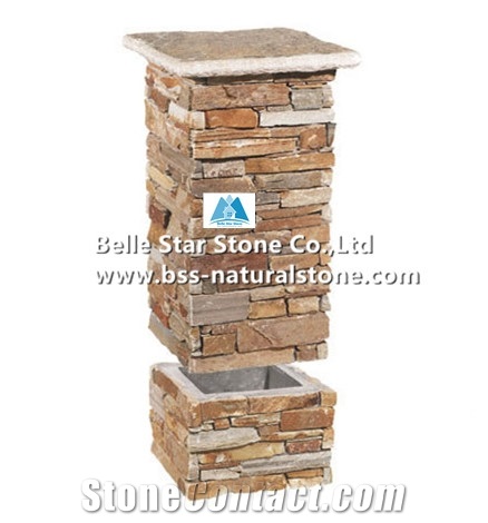 Oyster Split Face Slate Ledgestone Pillars,White Gold Quartzite Columns & Caps,Honey Golden Quartzite Gate Pillars,Yellow Gate Post,Natural Stone Mailbox,Oyster Entrance Foyers,Yellow Slate Post Box