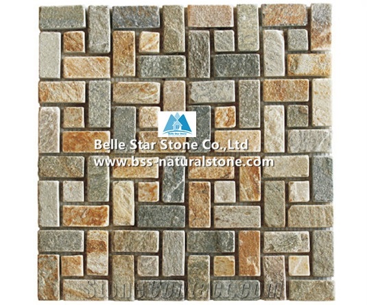Oyster Split Face Slate Mosaic,Desert Gold Quartzite Mosaic Wall Tiles,Silver Sunset Quartzite Floor Mosaic,White Gold Stone Mosaic,Golden Honey Quartzite Mosaic Pattern,Mosaic Flooring,Brick Mosaic