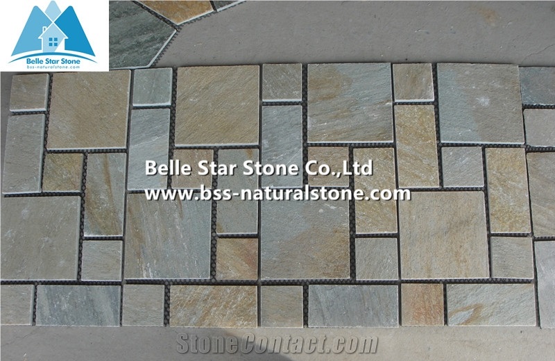 Oyster Split Face Slate Wall Mosaic,Desert Gold Quartzite Stone Mosaic,Golden Honey Quartzite Floor Mosaic,White Gold Quartzite Mosaic Pattern,Silver Sunset Quartzite Mosaic Tiles