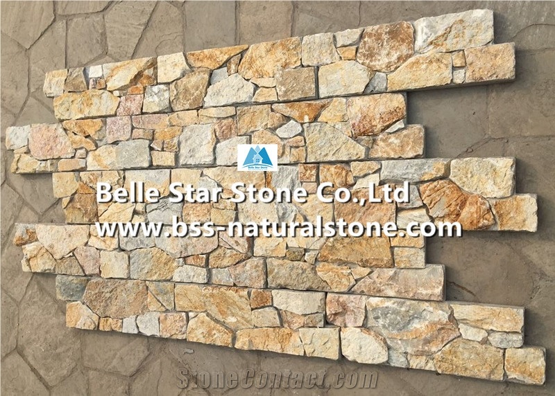 Yellow Slate Cemented Stacked Stone,Natural Split Face Slate Culture Stone Back with Concrete,Yellow Ledgestone,Slate Z Clad Stone Cladding,Real Stone Veneer,Thick Stone Panel,Yellow Wall Cladding