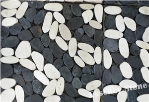Black and White Sliced Flat River Stone Pebble Mosaic Tile,Polished Pebble on Mesh,Sliced Pebble Tile