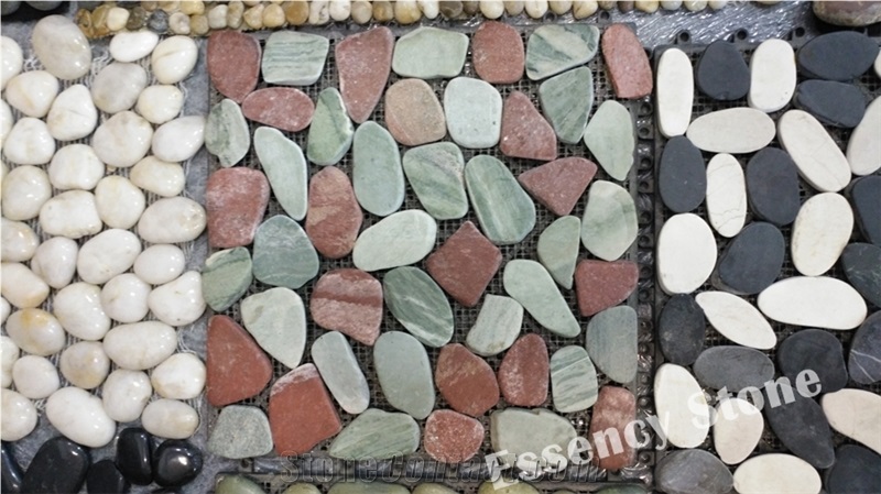Multicolor Green and Red Sliced Flat River Stone Pebble Mosaic Tile,Polished Pebble on Mesh,Sliced Pebble Tile