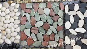 Multicolor Green and Red Sliced Flat River Stone Pebble Mosaic Tile,Polished Pebble on Mesh,Sliced Pebble Tile