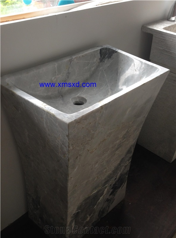Yabo Grey/Gray Marble Pedestal Basins,Bathroom Sinks,Wash Basins,Square Basins,Square Sinks,Natural Stone Pedestal Basins,Marble Stone Basins