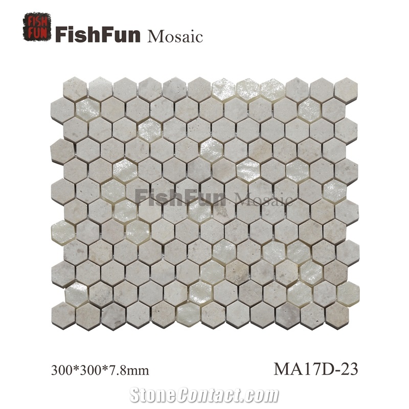 Hexagon Marble & Glass Mosaic Tile 23x26.5mm, Beige Marble Mosaic Tile, White Travertine Mosaic, Polished Surface, Garden & Balcony Marble and Glass Mosaic Tile, Kitchen Mosaic