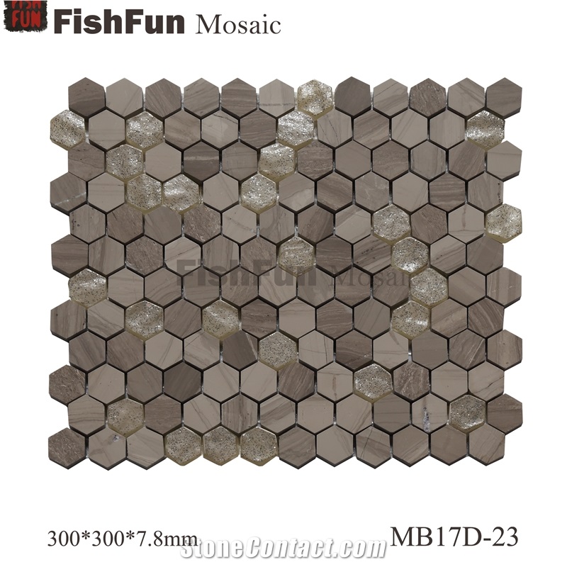 Hexagon Marble & Glass Mosaic Tile 23x26.5mm, Grey Marble Mosaic Tile, Athen Grey Mosaic, Polished Surface, Garden & Balcony Marble and Glass Mosaic Tile, Kitchen Mosaic