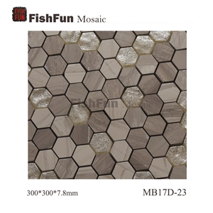 Hexagon Marble & Glass Mosaic Tile 23x26.5mm, Grey Marble Mosaic Tile, Athen Grey Mosaic, Polished Surface, Garden & Balcony Marble and Glass Mosaic Tile, Kitchen Mosaic