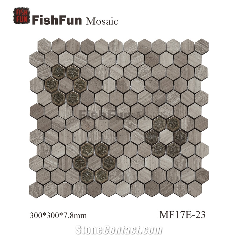 Hexagon Marble & Glass Mosaic Tile 23x26.5mm, Grey Marble Mosaic Tile, Grey Wood Grain Mosaic, Polished Surface, Garden & Balcony Marble and Glass Mosaic Tile, Kitchen Mosaic
