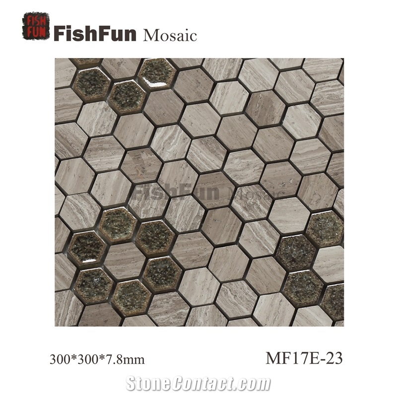 Hexagon Marble & Glass Mosaic Tile 23x26.5mm, Grey Marble Mosaic Tile, Grey Wood Grain Mosaic, Polished Surface, Garden & Balcony Marble and Glass Mosaic Tile, Kitchen Mosaic