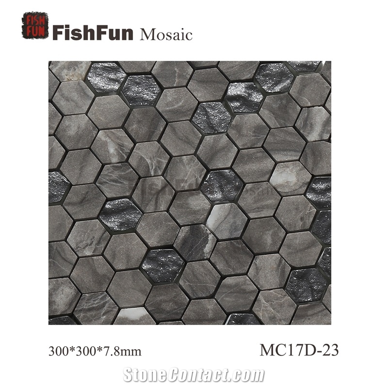 Hexagon Marble & Glass Mosaic Tile 23x26.5mm, Grey Marble Mosaic Tile, Oman Grey Mosaic, Polished Surface, Garden & Balcony Marble and Glass Mosaic Tile, Kitchen Mosaic