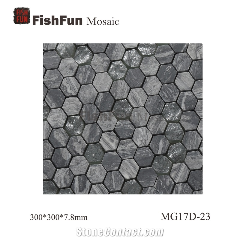 Hexagon Marble & Glass Mosaic Tile 23x26.5mm, Grey Marble Mosaic Tile, Wave Grey Mosaic, Polished Surface, Garden & Balcony Marble and Glass Mosaic Tile, Kitchen Mosaic