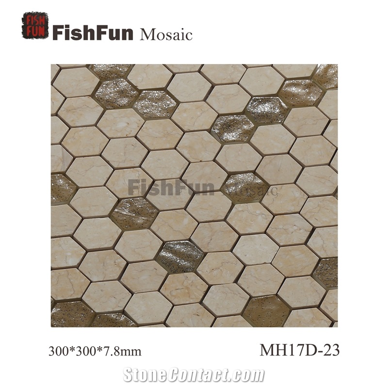 Hexagon Marble & Glass Mosaic Tile 23x26.5mm, Yellow Marble Mosaic Tile, Galala Mosaic, Polished Surface, Garden & Balcony Marble and Glass Mosaic Tile, Kitchen Mosaic