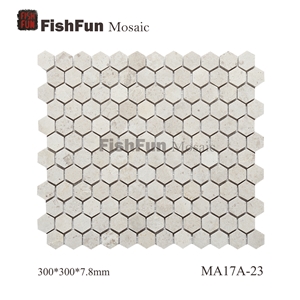 Hexagon Marble Mosaic Tile 23x26.5mm, Beige Marble Mosaic Tile, White Travertine Mosaic, Polished Surface, Garden & Balcony Marble Mosaic Tile, Kitchen Marble Mosaic Tile