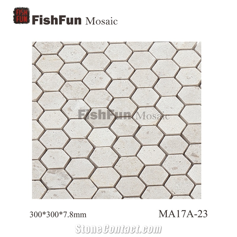 Hexagon Marble Mosaic Tile 23x26.5mm, Beige Marble Mosaic Tile, White Travertine Mosaic, Polished Surface, Garden & Balcony Marble Mosaic Tile, Kitchen Marble Mosaic Tile