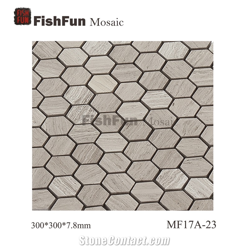Hexagon Marble Mosaic Tile 23x26.5mm, Grey Marble Mosaic Tile, Grey Wood Grain Mosaic, Polished Surface, Garden & Balcony Marble Mosaic Tile, Kitchen Marble Mosaic Tile