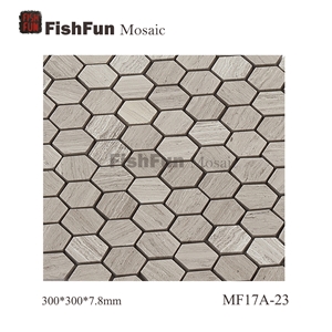 Hexagon Marble Mosaic Tile 23x26.5mm, Grey Marble Mosaic Tile, Grey Wood Grain Mosaic, Polished Surface, Garden & Balcony Marble Mosaic Tile, Kitchen Marble Mosaic Tile