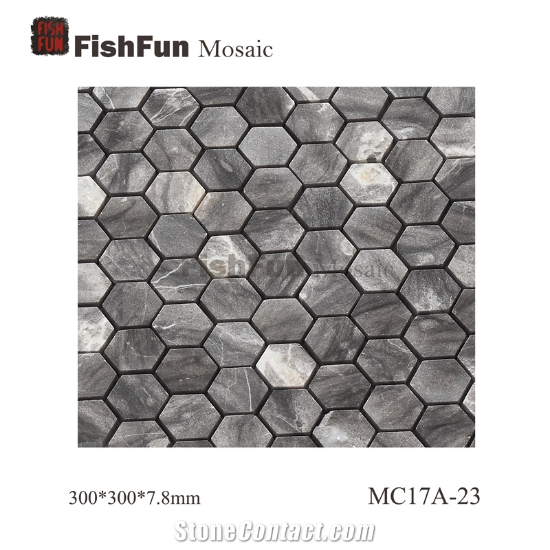 Hexagon Marble Mosaic Tile 23x26.5mm, Grey Marble Mosaic Tile, Oman Grey Mosaic, Polished Surface, Garden & Balcony Marble Mosaic Tile, Kitchen Marble Mosaic Tile