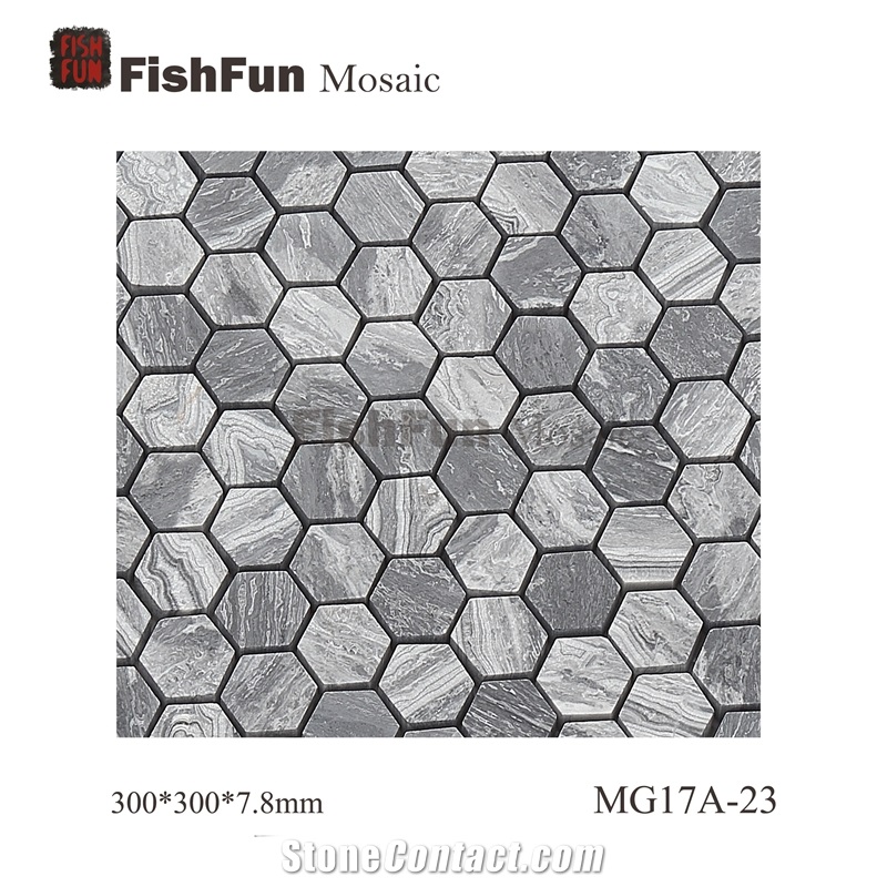 Hexagon Marble Mosaic Tile 23x26.5mm, Grey Marble Mosaic Tile, Wave Grey Mosaic, Polished Surface, Garden & Balcony Marble Mosaic Tile, Kitchen Marble Mosaic Tile