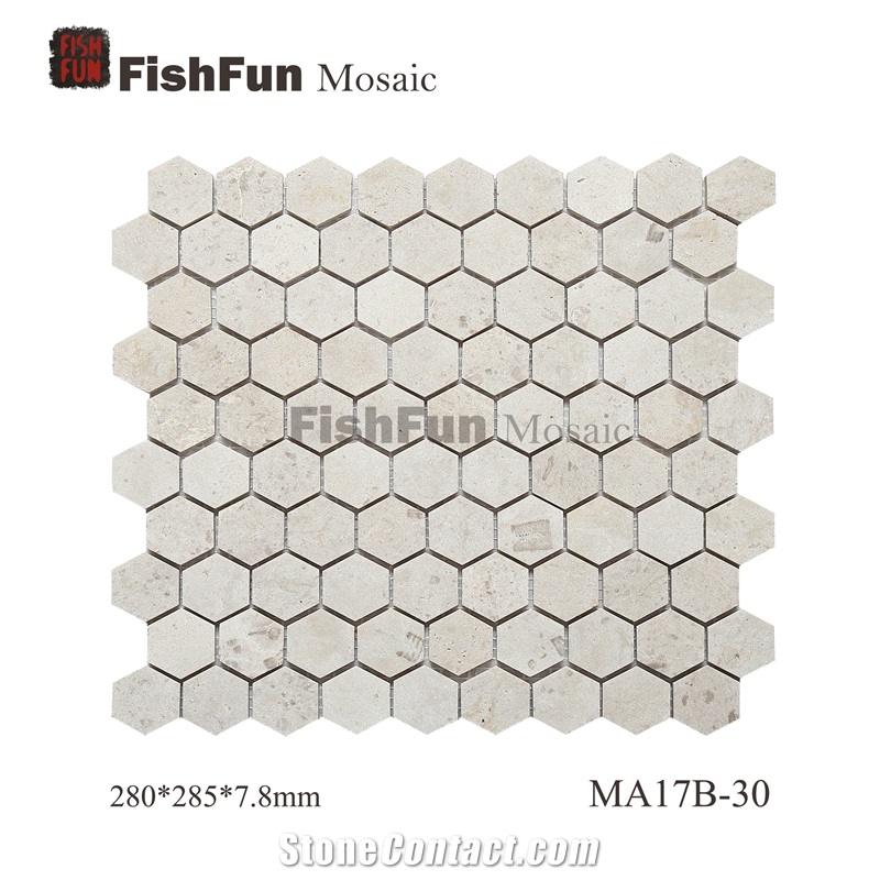Hexagon Marble Mosaic Tile 30x34.5mm, Beige Marble Mosaic Tile, White Travertine Mosaic, Polished Surface, Garden & Balcony Marble Mosaic Tile, Kitchen Marble Mosaic Tile
