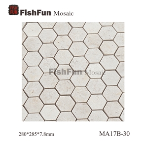 Hexagon Marble Mosaic Tile 30x34.5mm, Beige Marble Mosaic Tile, White Travertine Mosaic, Polished Surface, Garden & Balcony Marble Mosaic Tile, Kitchen Marble Mosaic Tile
