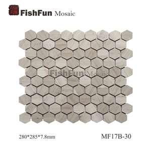 Hexagon Marble Mosaic Tile 30x34.5mm, Grey Marble Mosaic Tile, Grey Wood Grain Mosaic, Polished Surface, Garden & Balcony Marble Mosaic Tile, Kitchen Marble Mosaic Tile