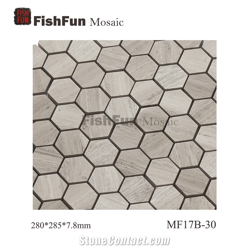 Hexagon Marble Mosaic Tile 30x34.5mm, Grey Marble Mosaic Tile, Grey Wood Grain Mosaic, Polished Surface, Garden & Balcony Marble Mosaic Tile, Kitchen Marble Mosaic Tile