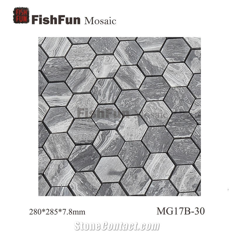 Hexagon Marble Mosaic Tile 30x34.5mm, Grey Marble Mosaic Tile, Wave Grey Mosaic, Polished Surface, Garden & Balcony Marble Mosaic Tile, Kitchen Marble Mosaic Tile