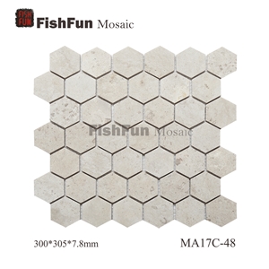 Hexagon Marble Mosaic Tile 48x55.4mm, Beige Marble Mosaic Tile, White Travertine Mosaic, Polished Surface, Garden & Balcony Marble Mosaic Tile, Kitchen Marble Mosaic Tile