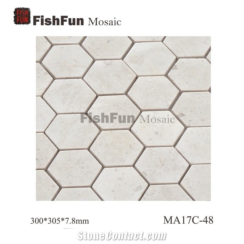 Hexagon Marble Mosaic Tile 48x55.4mm, Beige Marble Mosaic Tile, White Travertine Mosaic, Polished Surface, Garden & Balcony Marble Mosaic Tile, Kitchen Marble Mosaic Tile