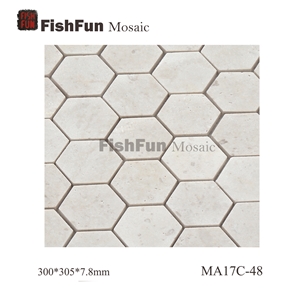 Hexagon Marble Mosaic Tile 48x55.4mm, Beige Marble Mosaic Tile, White Travertine Mosaic, Polished Surface, Garden & Balcony Marble Mosaic Tile, Kitchen Marble Mosaic Tile