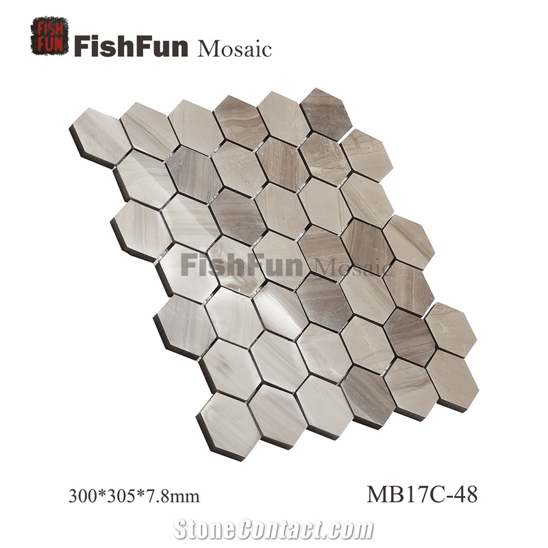 Hexagon Marble Mosaic Tile 48x55.4mm, Grey Marble Mosaic Tile, Athen Grey Mosaic, Polished Surface, Garden & Balcony Marble Mosaic Tile, Kitchen Marble Mosaic Tile