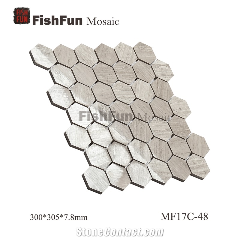 Hexagon Marble Mosaic Tile 48x55.4mm, Grey Marble Mosaic Tile, Grey Wood Grain Mosaic, Polished Surface, Garden & Balcony Marble Mosaic Tile, Kitchen Marble Mosaic Tile