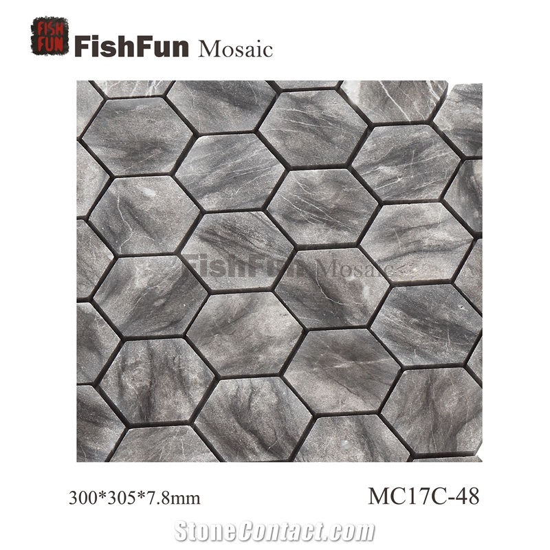 Hexagon Marble Mosaic Tile 48x55.4mm, Grey Marble Mosaic Tile, Oman Grey Mosaic, Polished Surface, Garden & Balcony Marble Mosaic Tile, Kitchen Marble Mosaic Tile