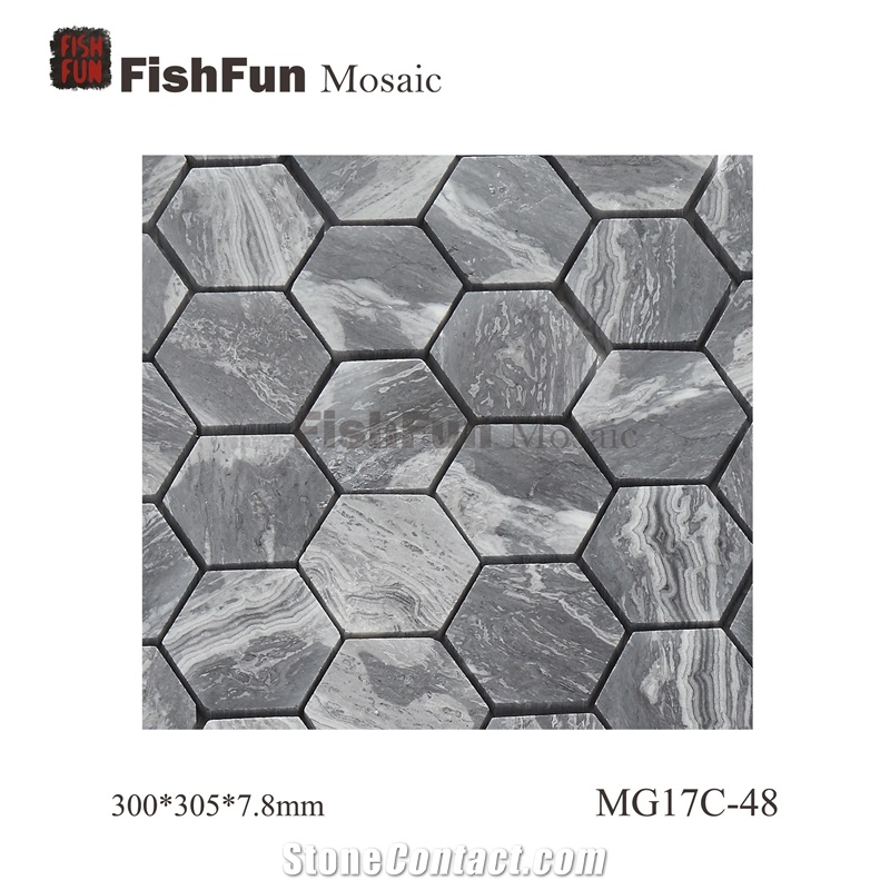 Hexagon Marble Mosaic Tile 48x55.4mm, Grey Marble Mosaic Tile, Wave Grey Mosaic, Polished Surface, Garden & Balcony Marble Mosaic Tile, Kitchen Marble Mosaic Tile