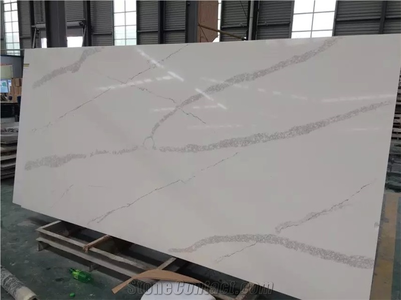 Artificial Calacatta White Marble Quartz Stone Solid Surfaces Polished Slabs Tiles Engineered Stone Artificial Stone Slabs for Hotel Kitchen,Bathroom Walling Panel/ for Customized Edges Kitchen Tops