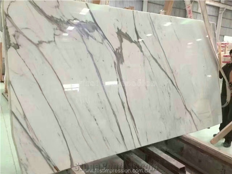 Natural Calacatta White Marble Stone Solid Surfaces Polished Slabs & Tiles/Engineered Stone Slabs for Hotel Kitchen/Bathroom Walling Panel/For Customized Edges Kitchen Tops