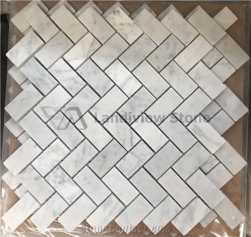 Herringbone Mosaic Carrara White