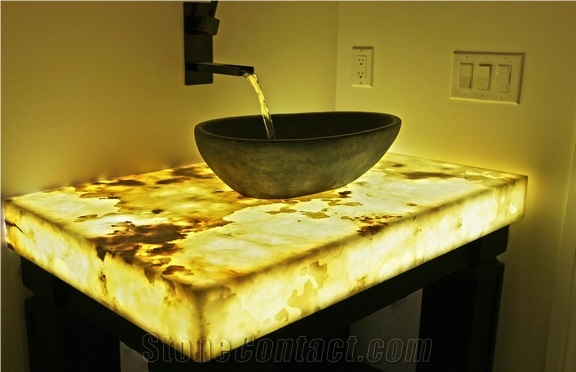 Golden Solid Surface Artificial Onyx Bath Top,Vanity Top,Engineered Stone Alabaster Tile for Bathroom Design Countertops,Transtones Customized