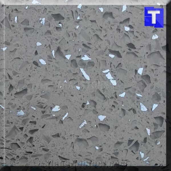 Grey Crystal With White Mirror Glass Quartz Stone Tiles Slabs