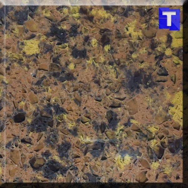 Orange Brown Crystal Dark Quartz Stone Tiles Slabs Engineered