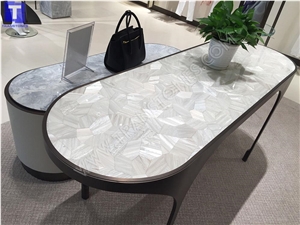 Project Show-White Artificial Stone Seashell Pearl Mosaic Table Sets, 3D Building Ornaments,Solid Surface Engineered Stone New Material Desk From Transtones Customzied