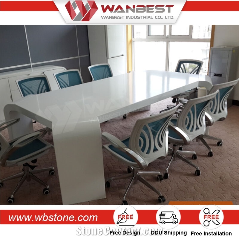 Long Stone Meeting Table Design, White Modern Meeting Table for 12 Seats
