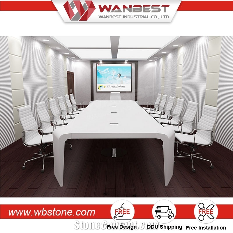Long Stone Meeting Table Design, White Modern Meeting Table for 12 Seats