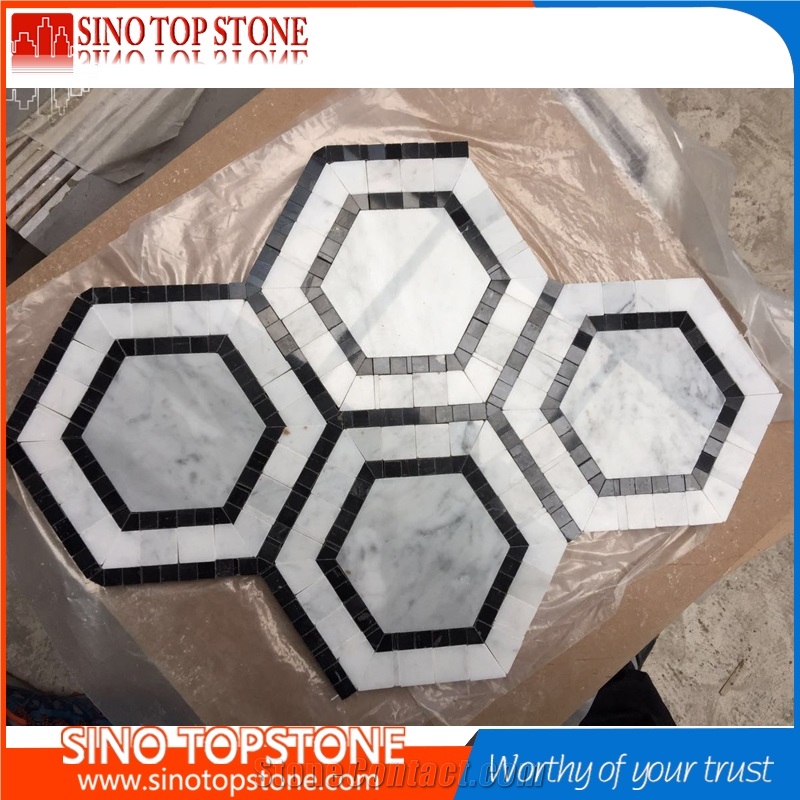 Natural Marble Bianco Carrara White and Black Marble Hexagon Mosaic Tile
