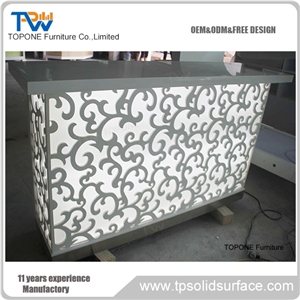 Acrylic Solid Surface Flower Carved Led Light High Quality Beauty Salon Reception Counter with White Marble Stone Reception Desk Work Tops for Sale