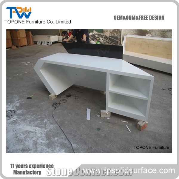 Artificial Marble Stone White and Black Color Office Reception Desk Tops, White Color Corian Acrylic Solid Surface Recpetion Counter Tops with Interior Stone Office Desk Tops Furniture
